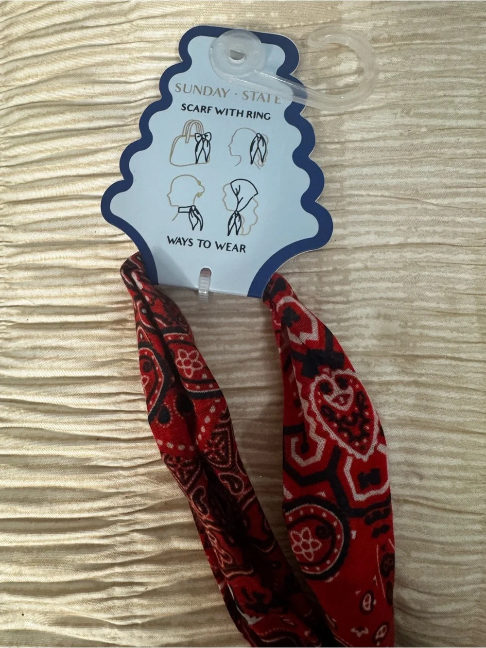 Sunday State Red Bandana Scarf Ring Accessory - With Silver Accent